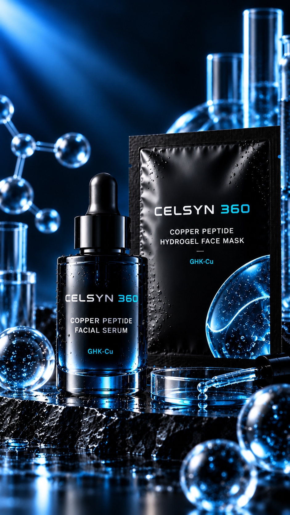 CELSYN 360 Copper Peptide Facial Serum and Hydrogel Face Mask in a blue laboratory setting