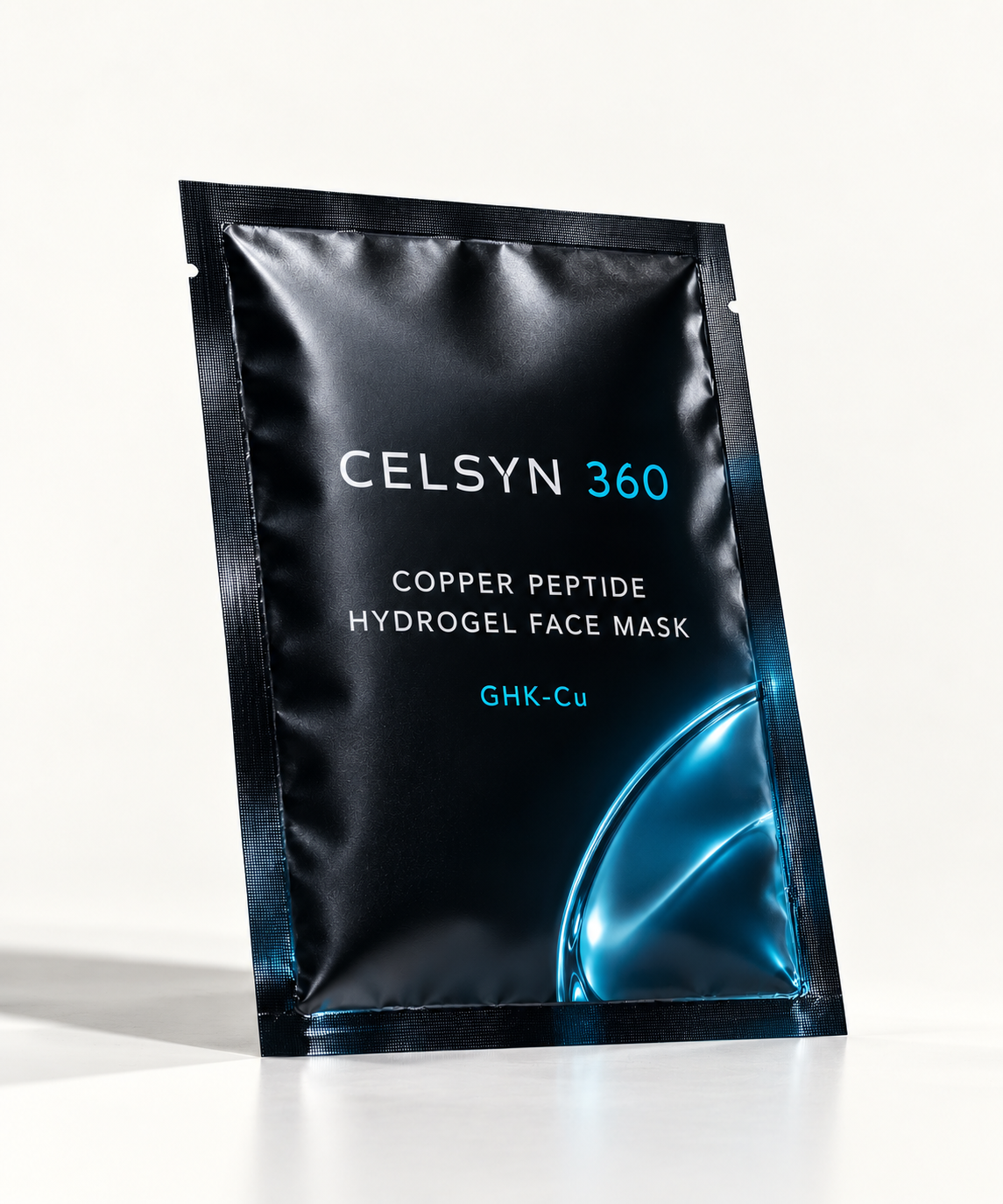 CELSYN 360 Copper Peptide Hydrogel Face Mask packet at a three-quarter angle