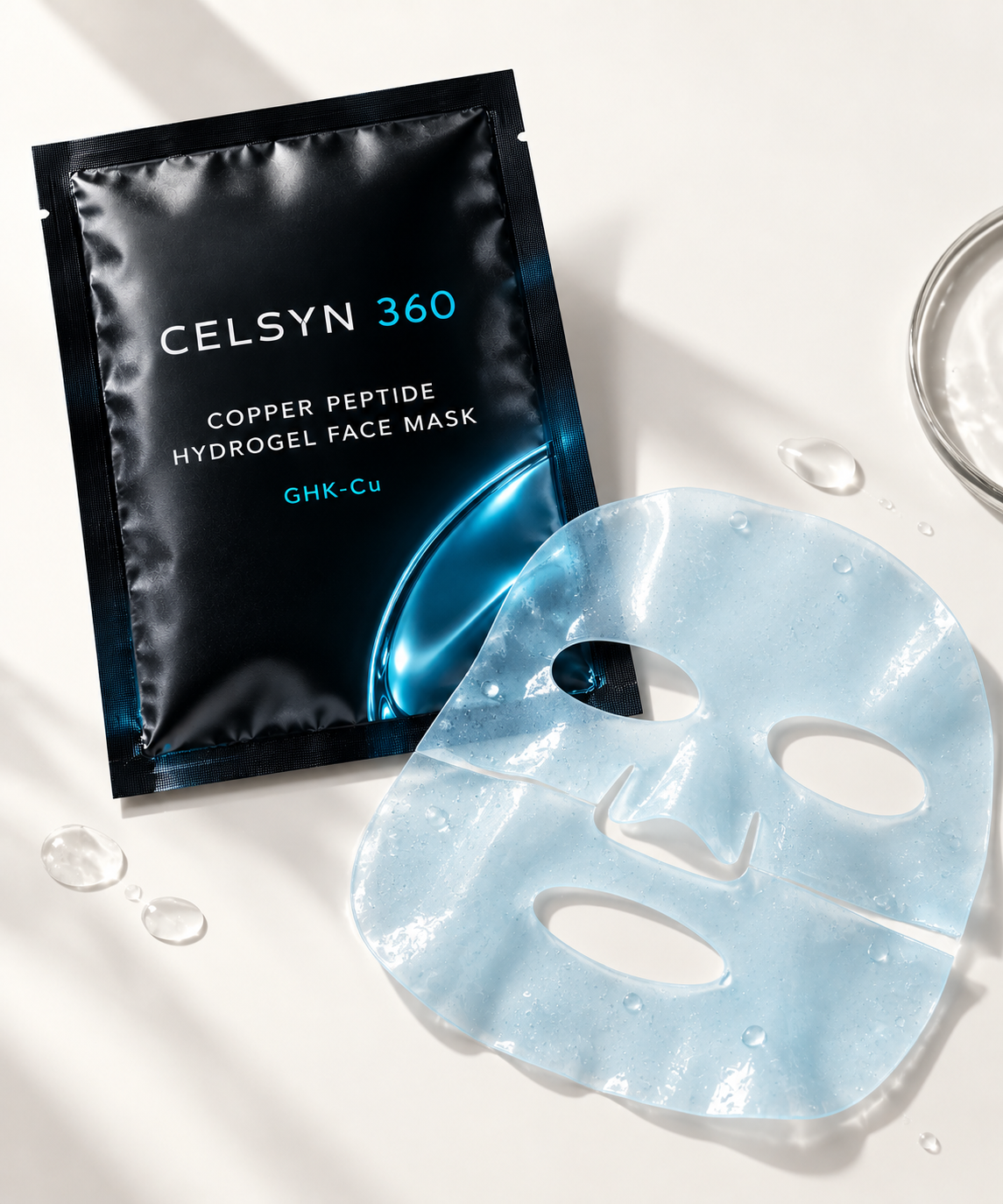 CELSYN 360 Copper Peptide Hydrogel Face Mask packet beside an unfolded hydrogel face mask
