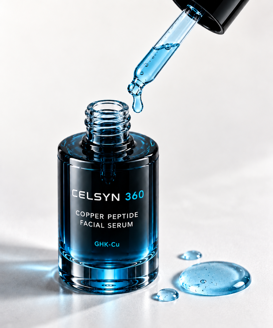 The CELSYN 360 Copper Peptide Facial Serum dropper dispensing a drop of serum
